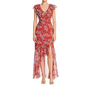 ANTHROPOLOGIE WAYF Red Floral Dress Size XS High Low Ruffle Summer Boho Maxi